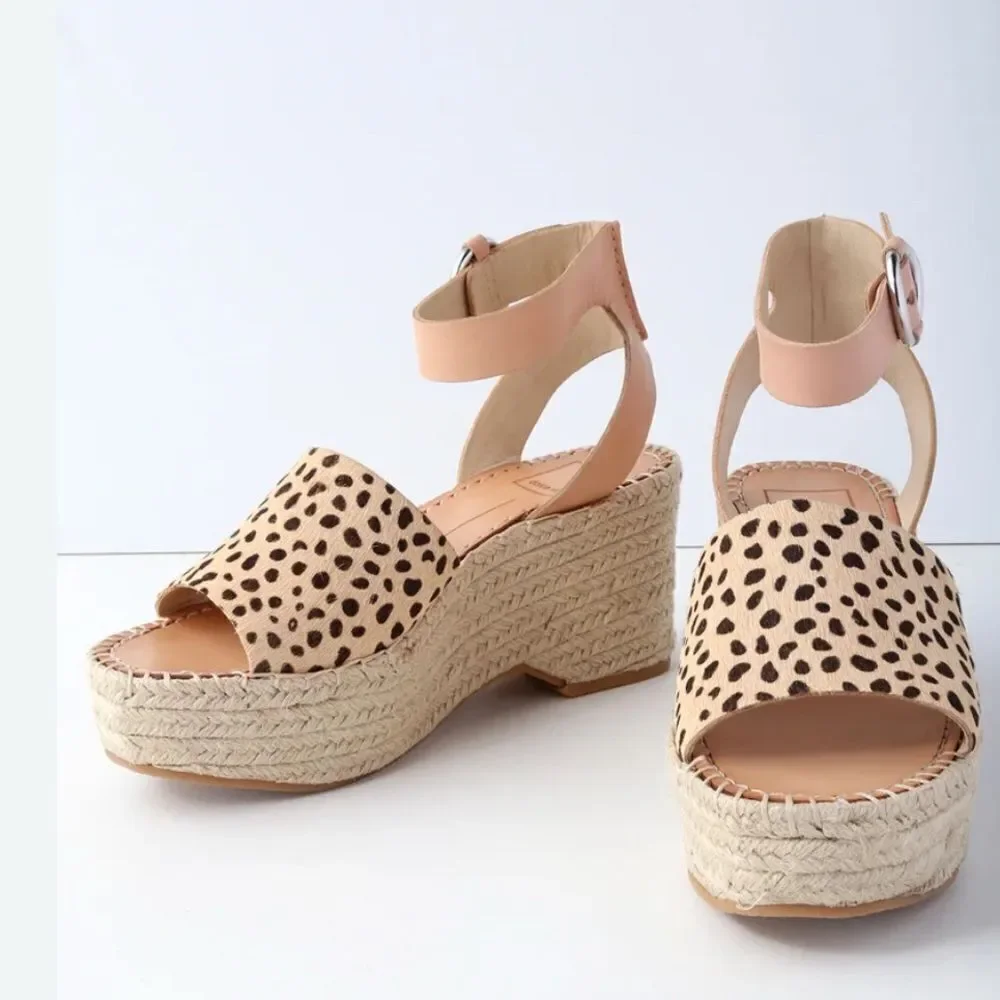 Dolce Vita Lesly Leopard Calf Hair Espadrille Wedges Size 9